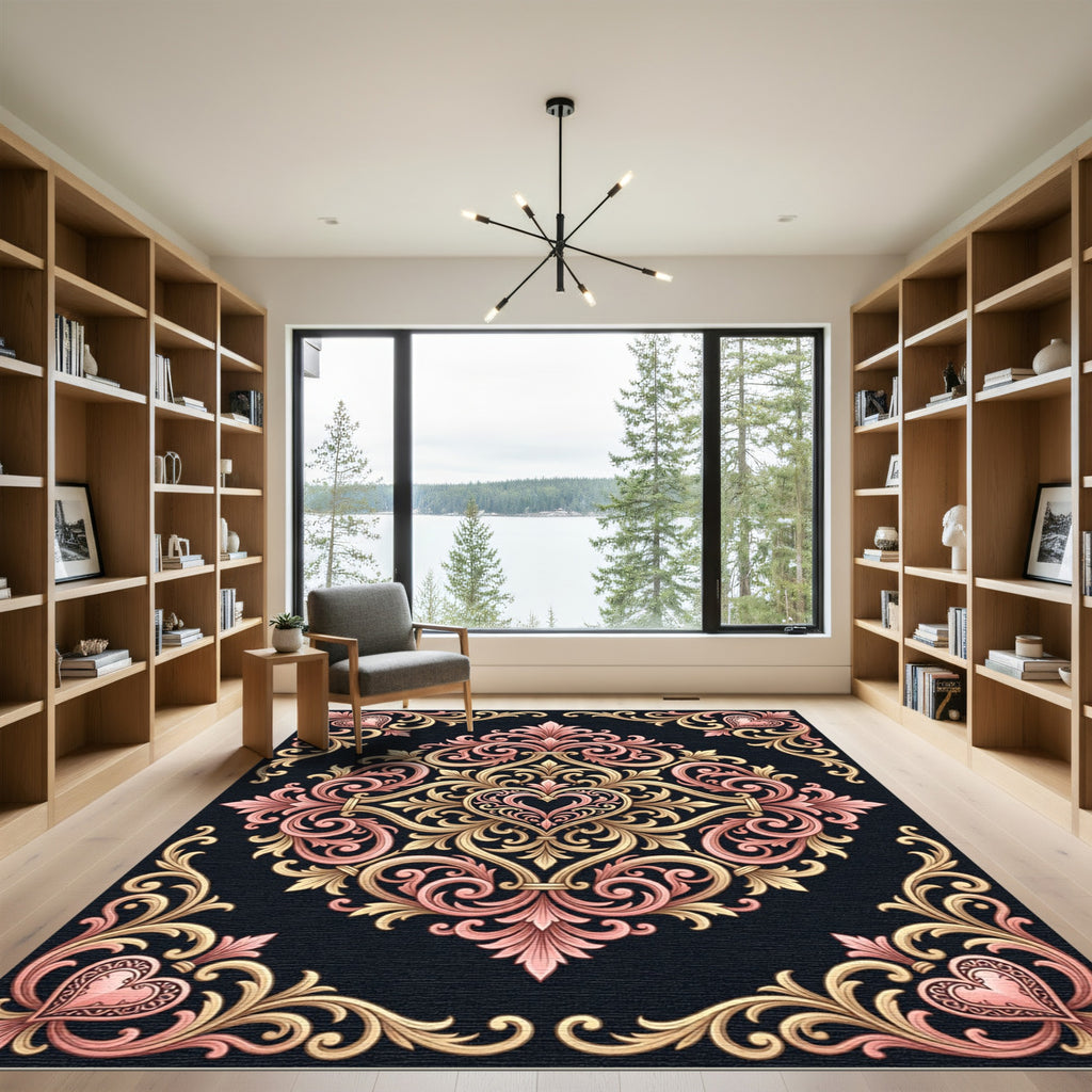 Elegant Pink Gold Heart Scrollwork Rug
