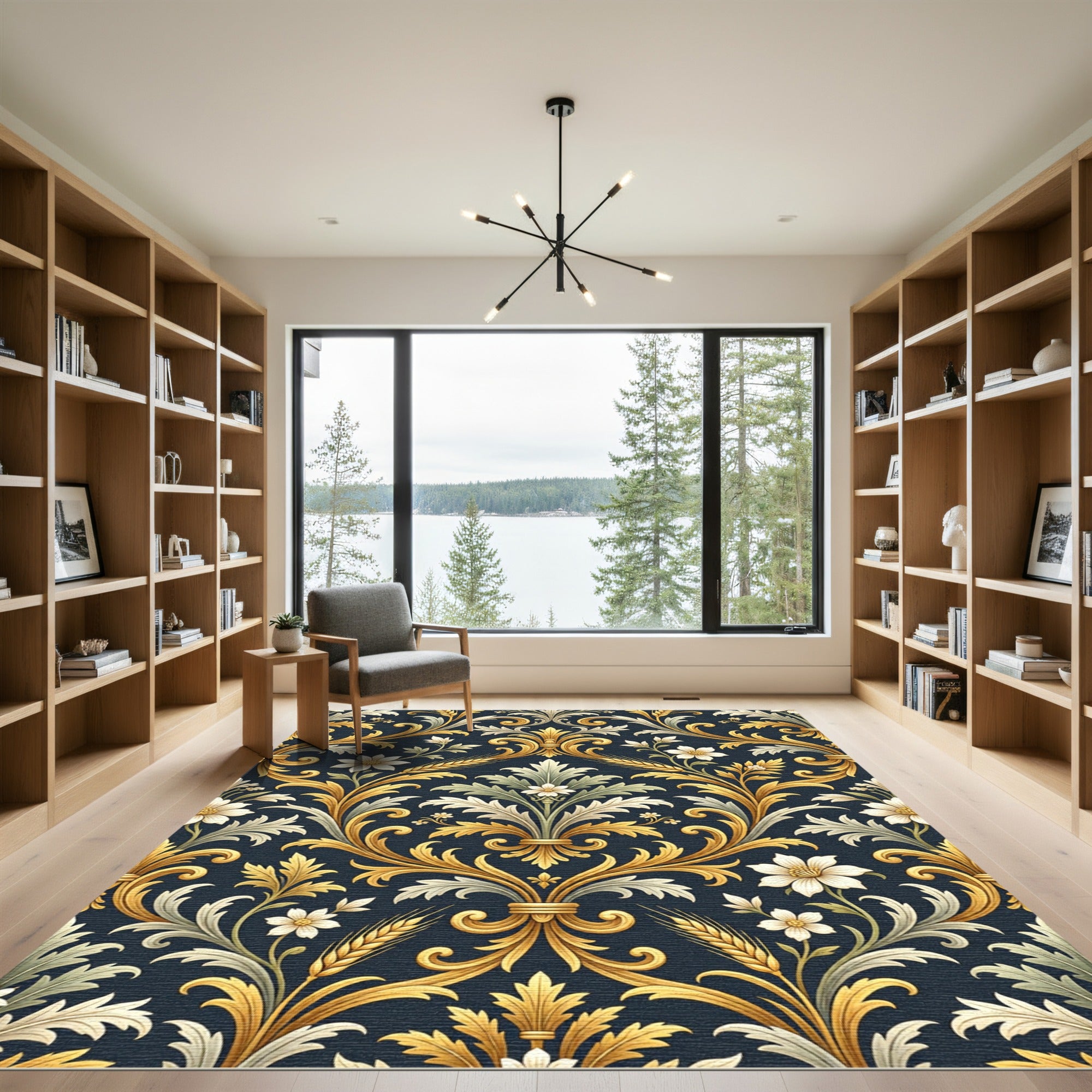 Ornate Gold Floral Dark Background Rug