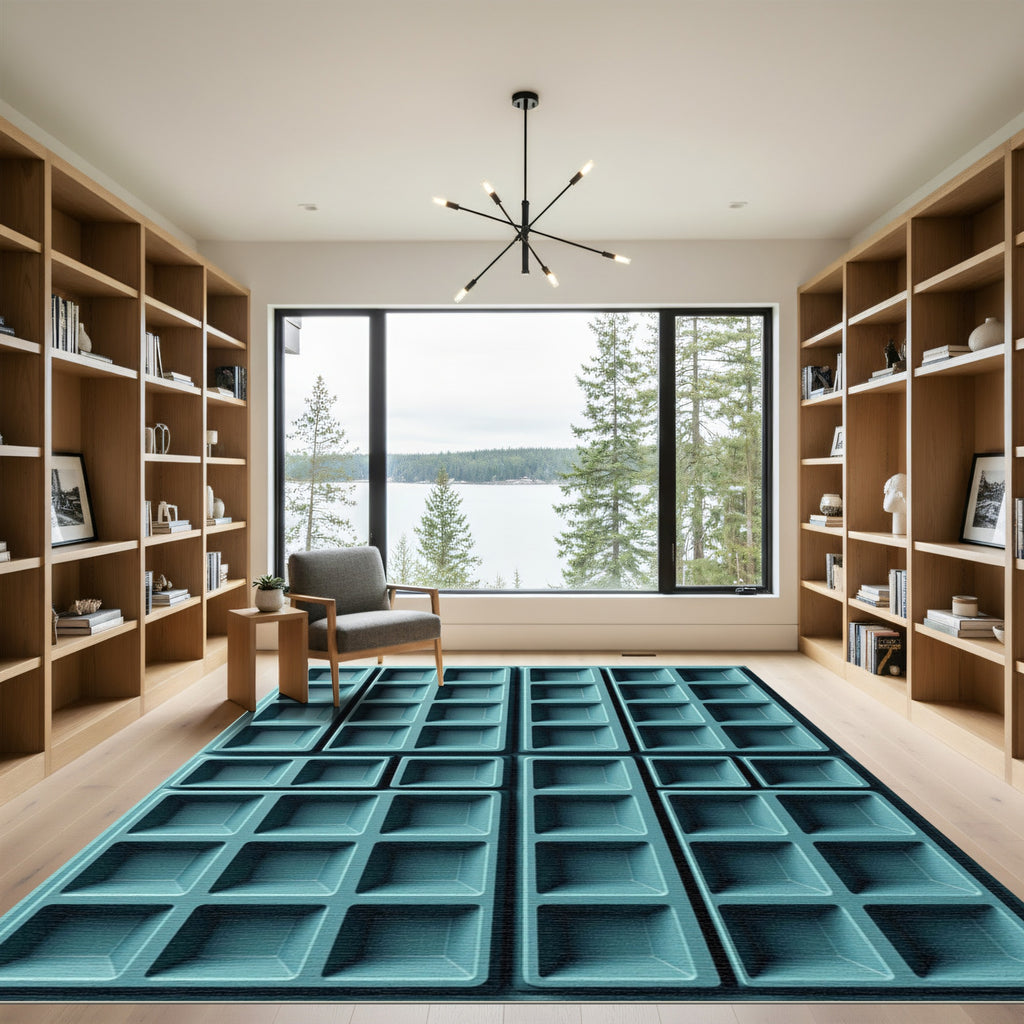 Teal Square Grid Composition Rug