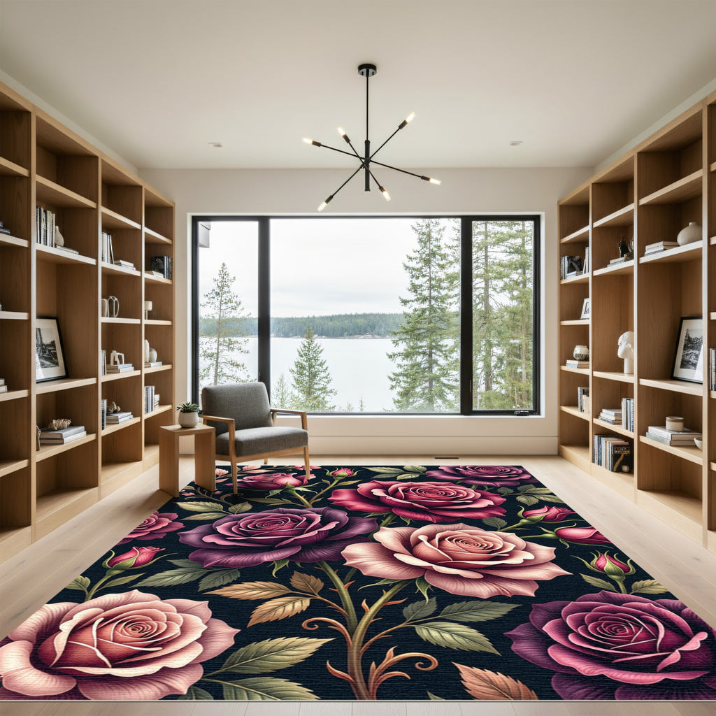 Enchanted Dark Rose Botanical Bouquet Rug