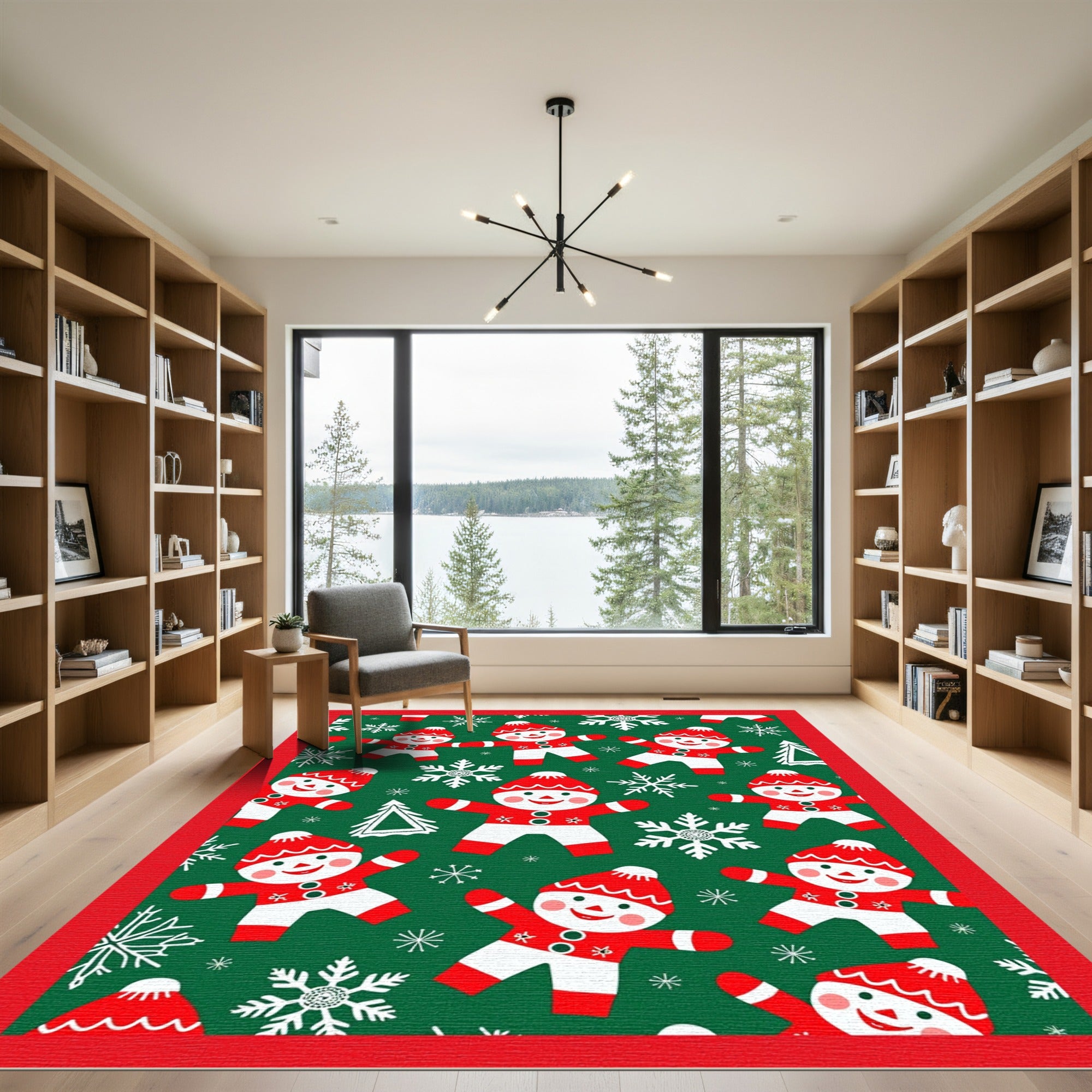 Red White Gingerbread Snowflakes Christmas Rug