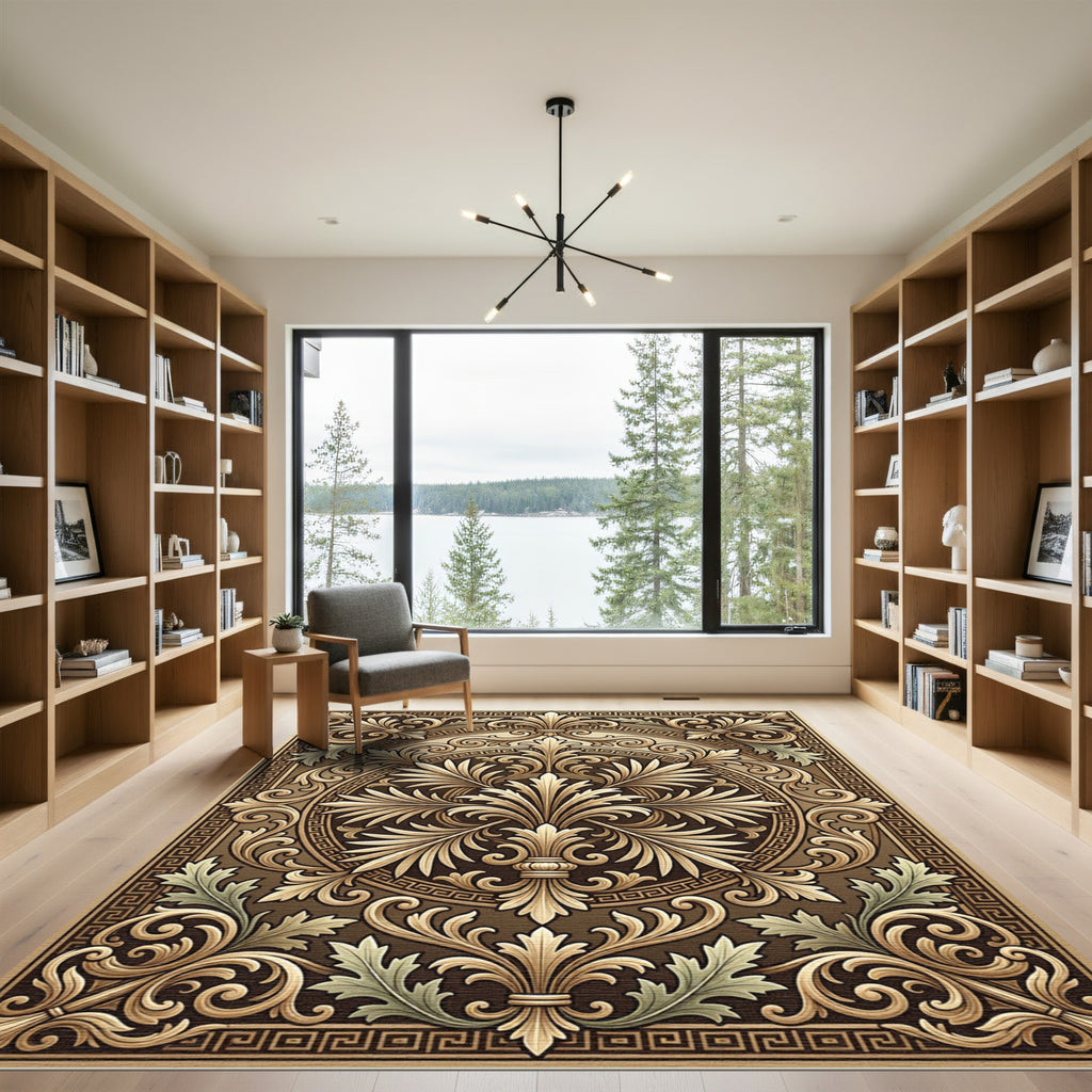 Ornate Gold Leaf Scrollwork Mandala Rug