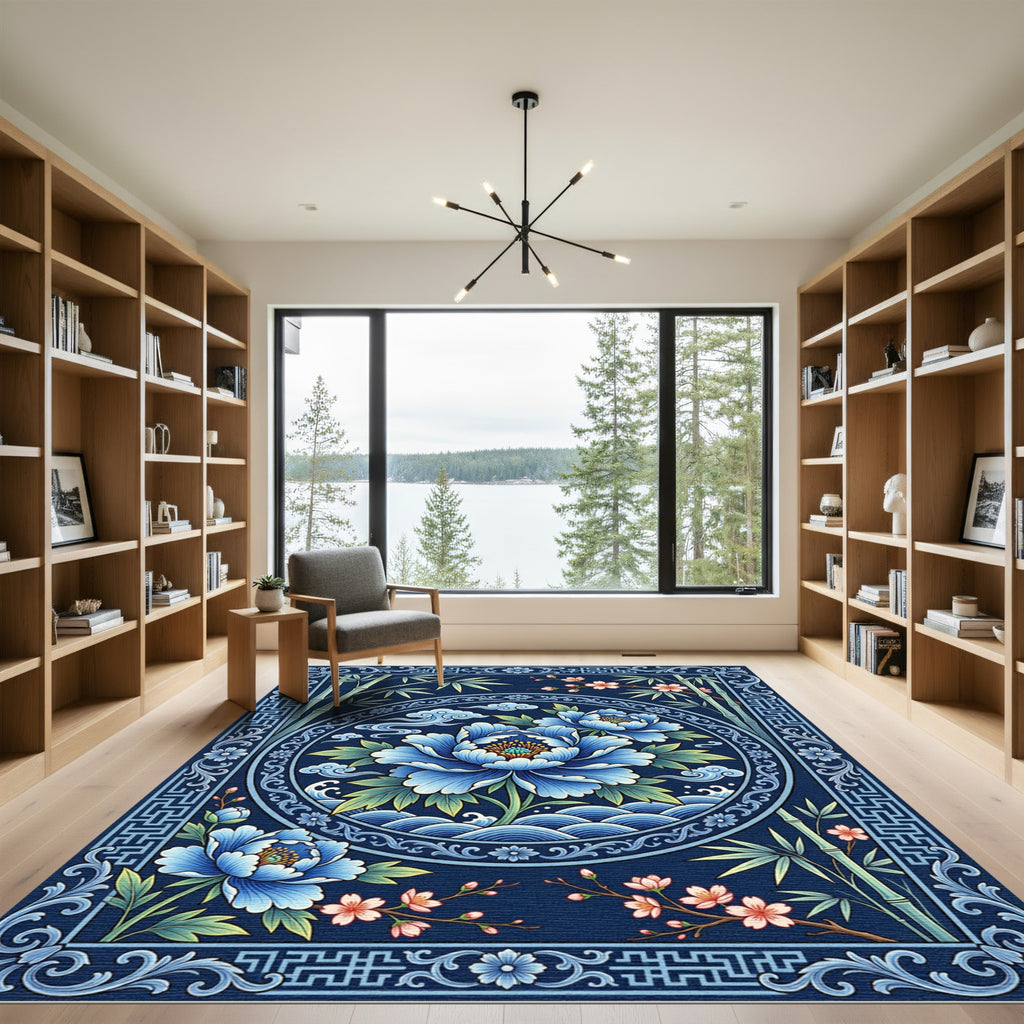 Blue Floral Bamboo Chinoiserie Medallion Rug