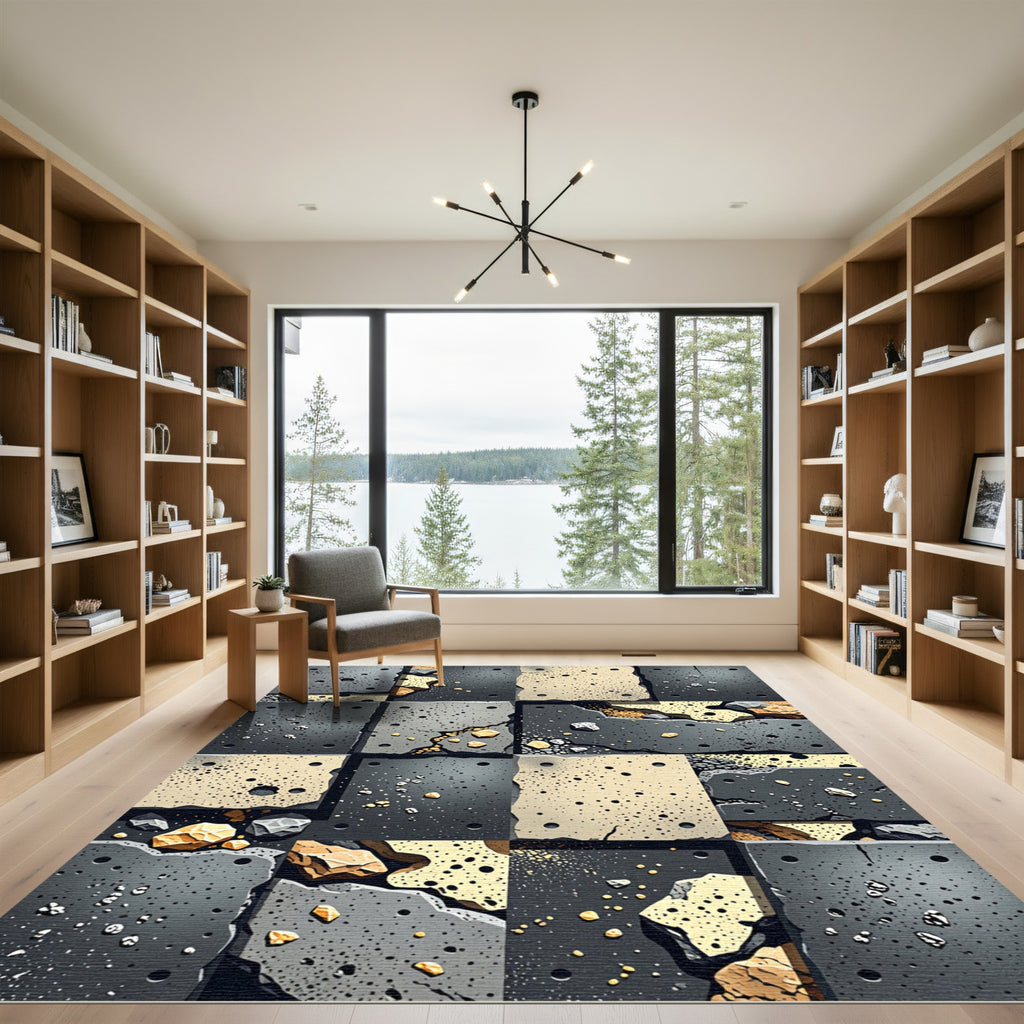 Industrial Concrete Fragment Grid Black Gold Rug