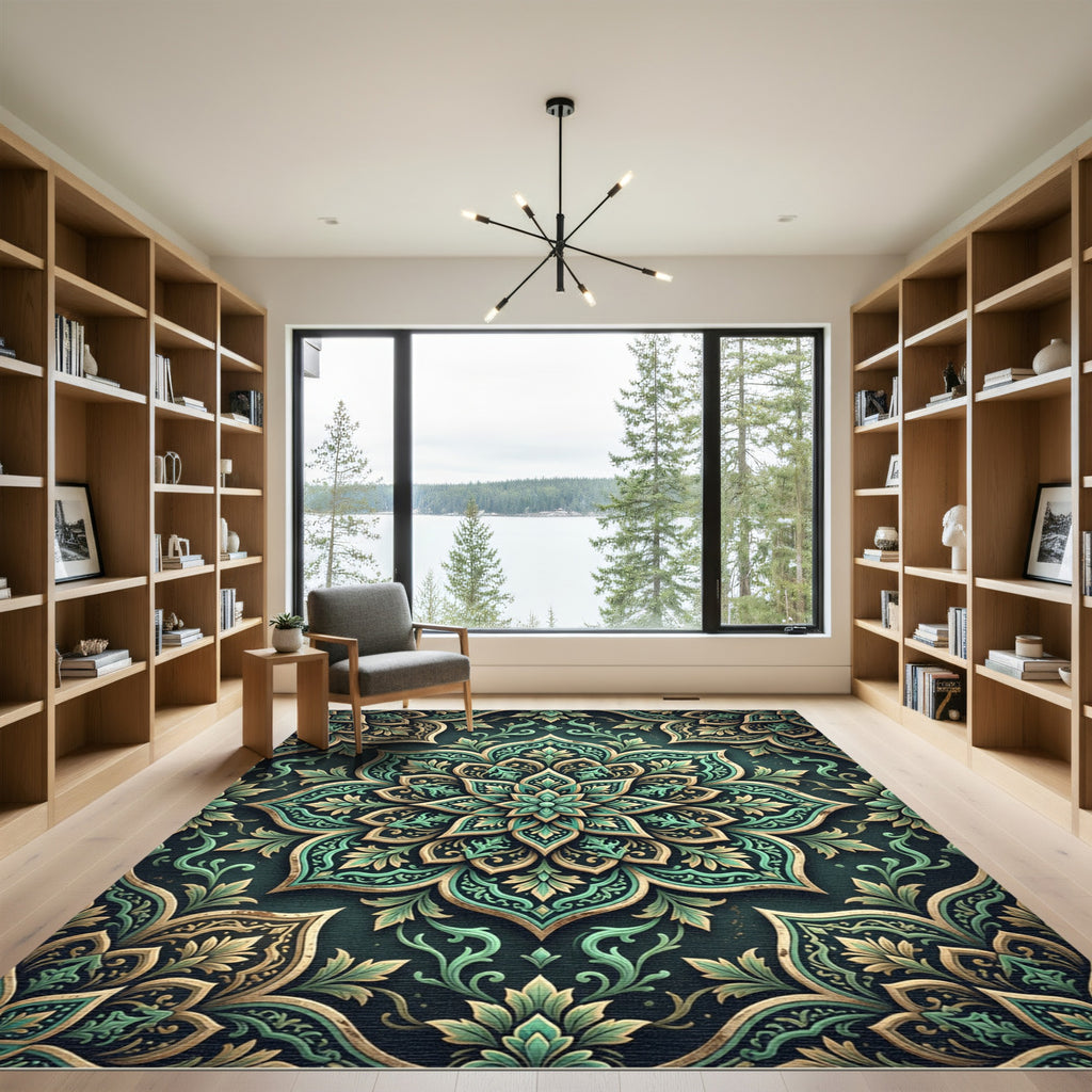 Emerald Gold Medallion Floral Art Rug