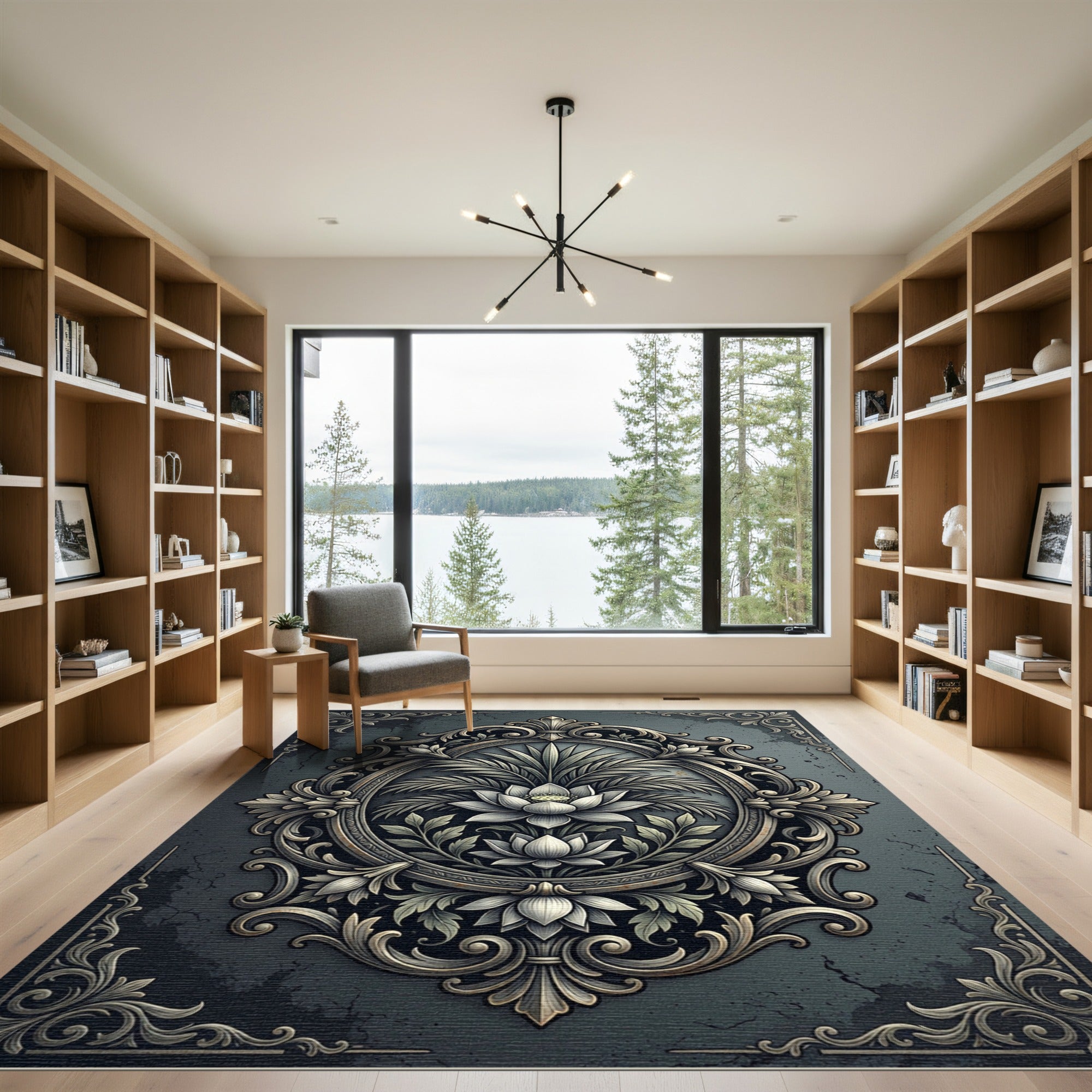 Elegant Slated Gray Lotus Scroll Medallion Rug