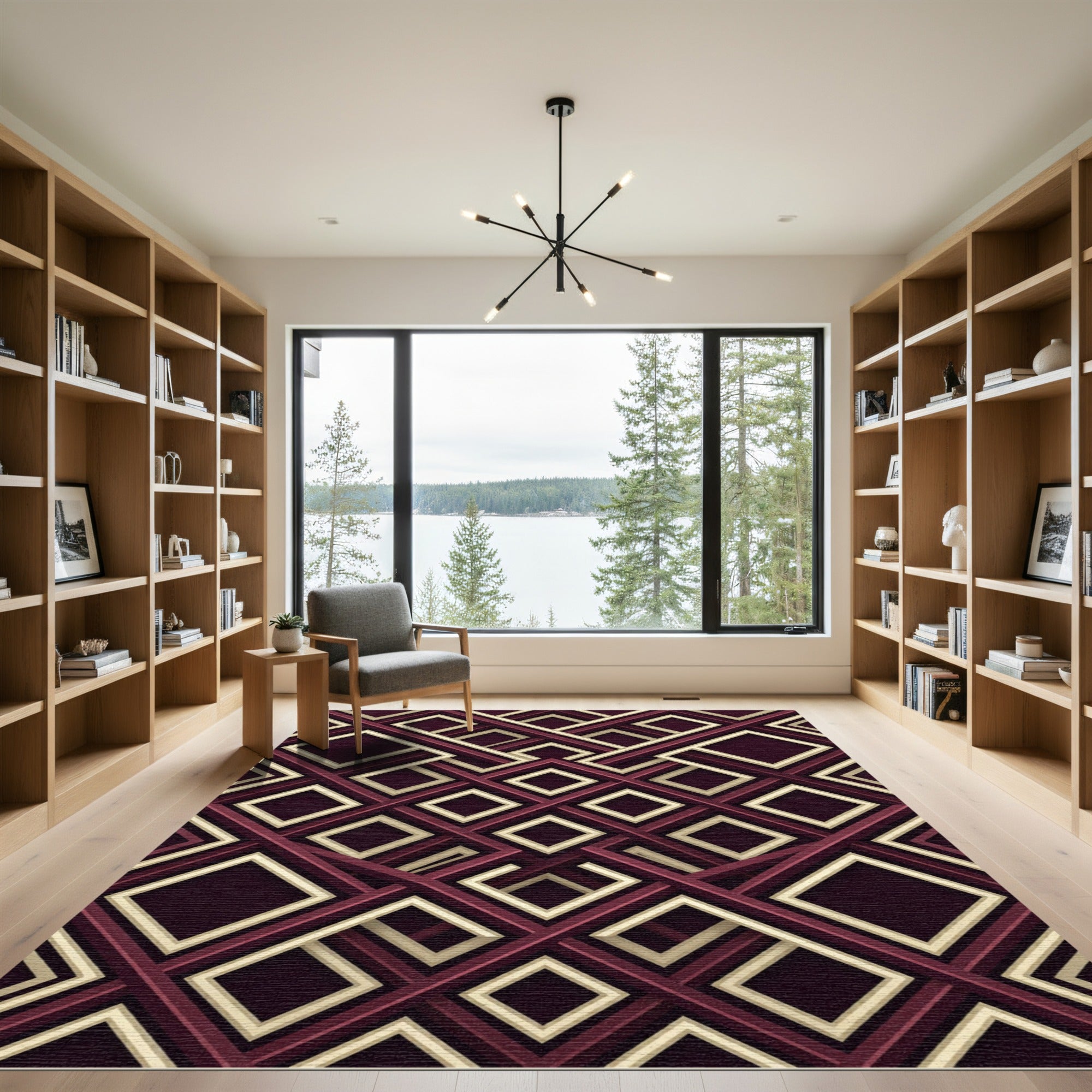 Geometric Maroon and Gold Interlocking Squares Rug
