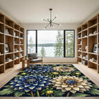 Blue and Cream Botanical Dahlia Garden Rug