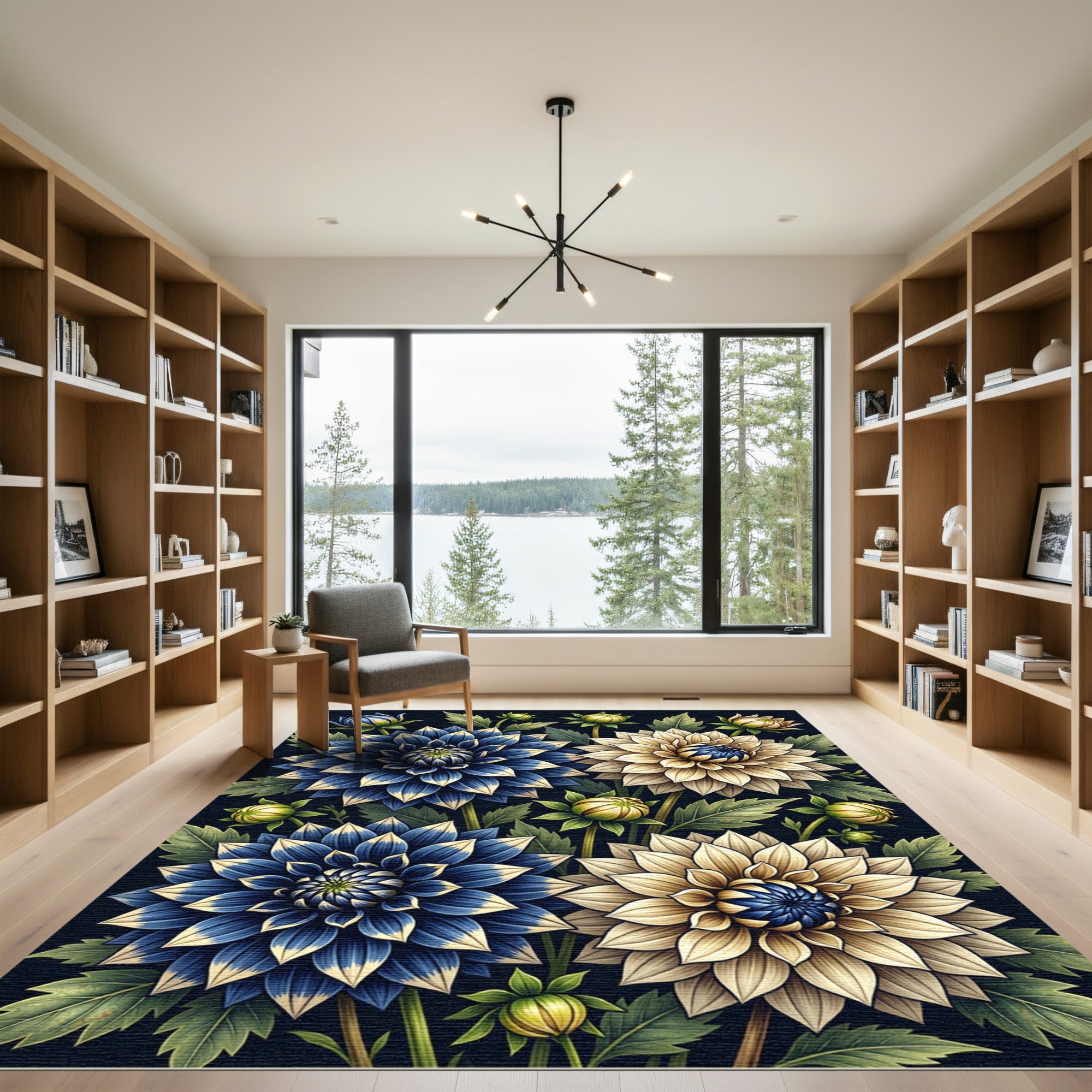Blue and Cream Botanical Dahlia Garden Rug