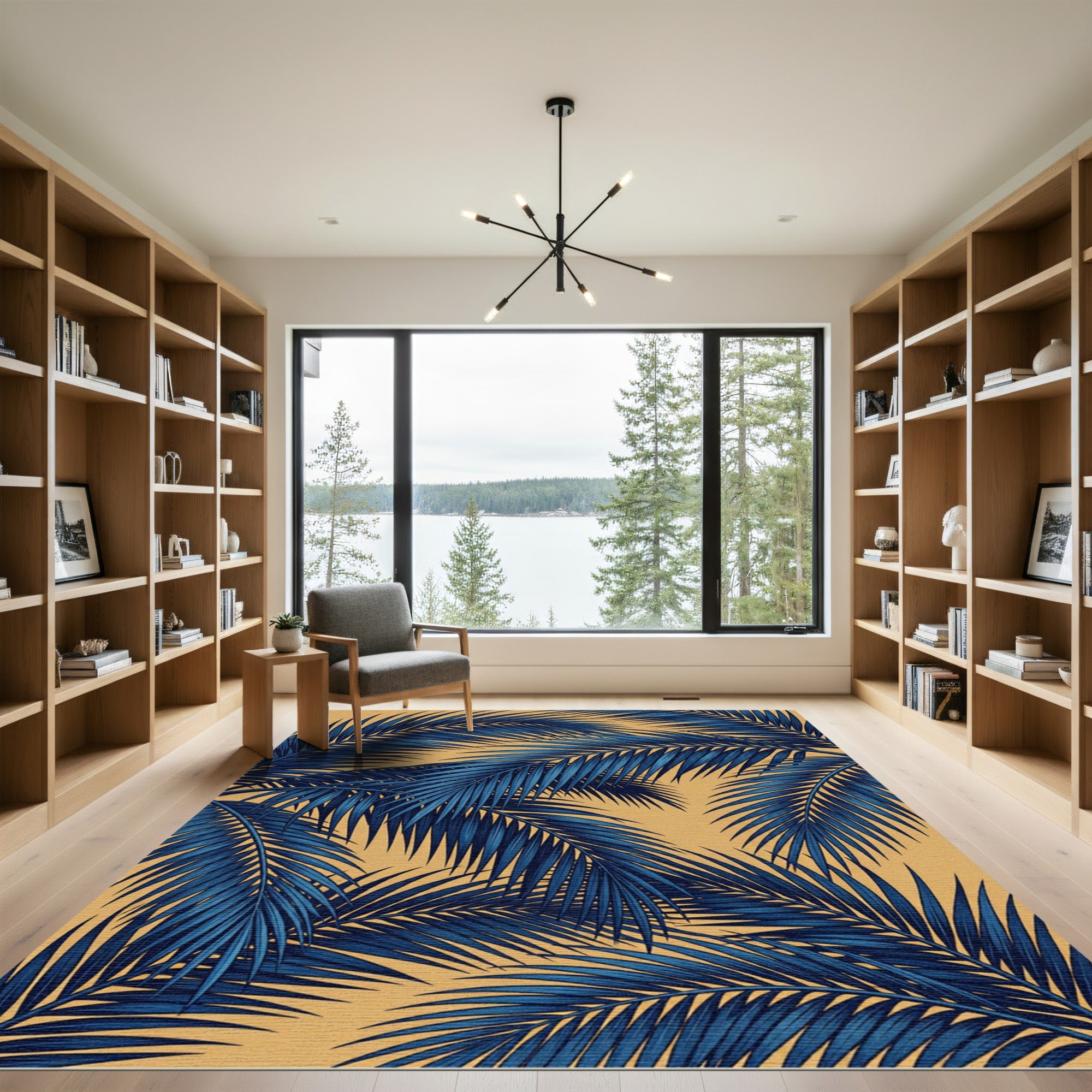 Lush Navy Tropical Palm Leaf Rug