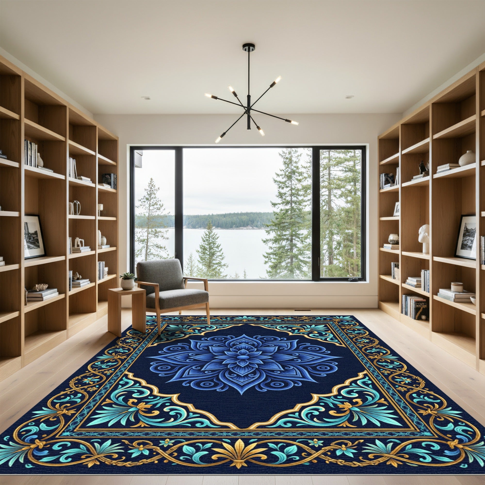Deep Blue Golden Floral Symmetry Rug