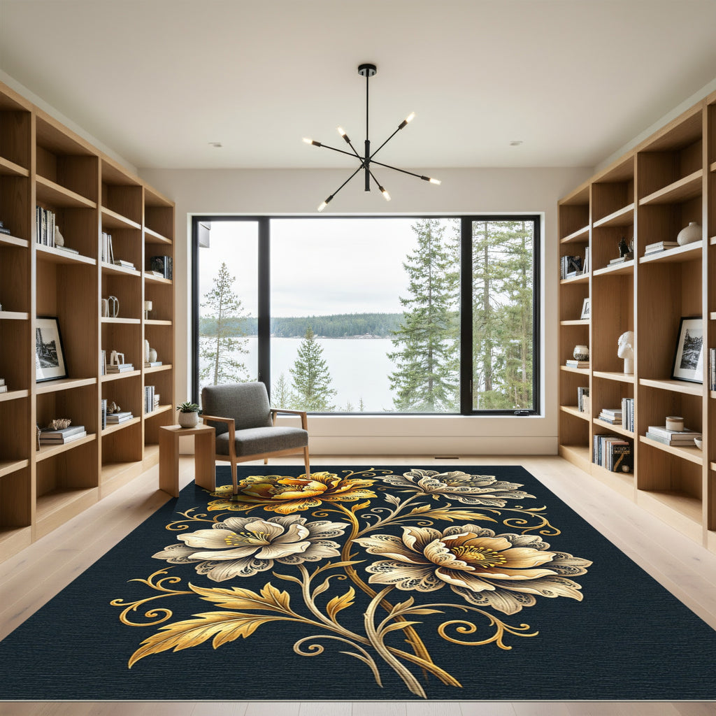 Elegant Golden Floral Lace Bloom Rug