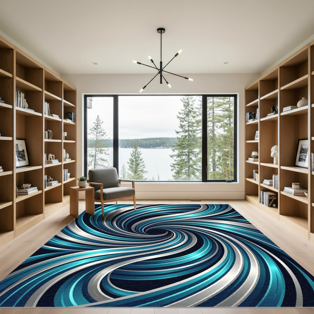 Contemporary Azure Silver Swirling Vortex Rug