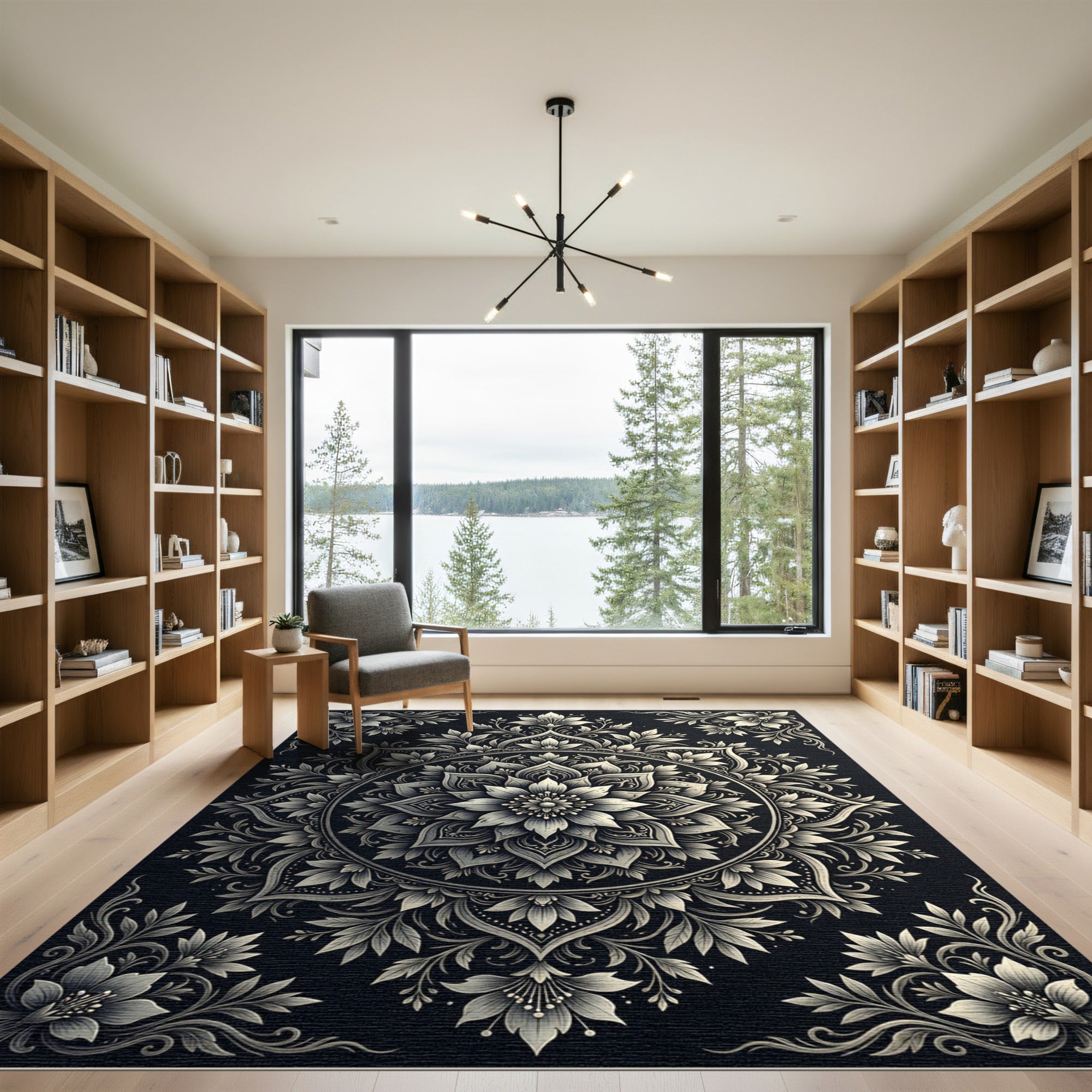 Ornate Black White Floral Mandala Rug