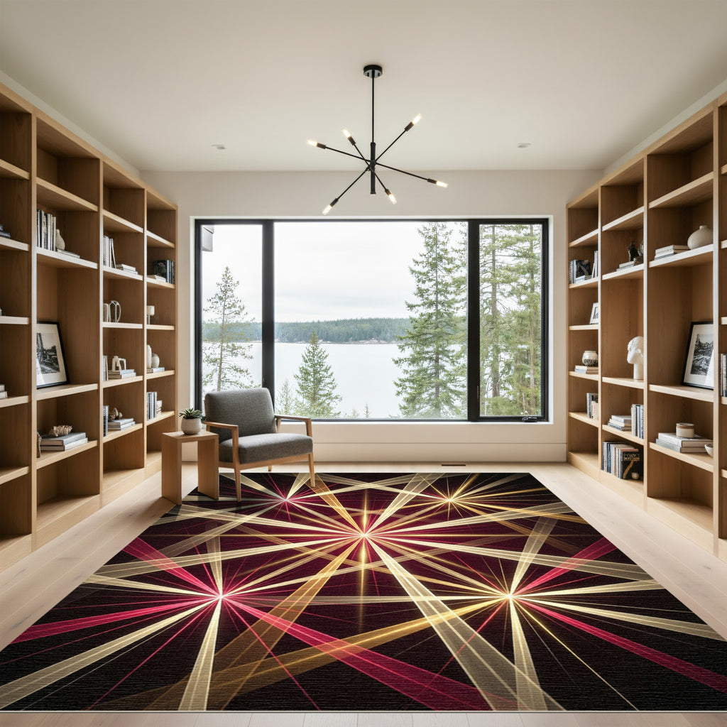 Radiant Gold Crimson Starburst Rug