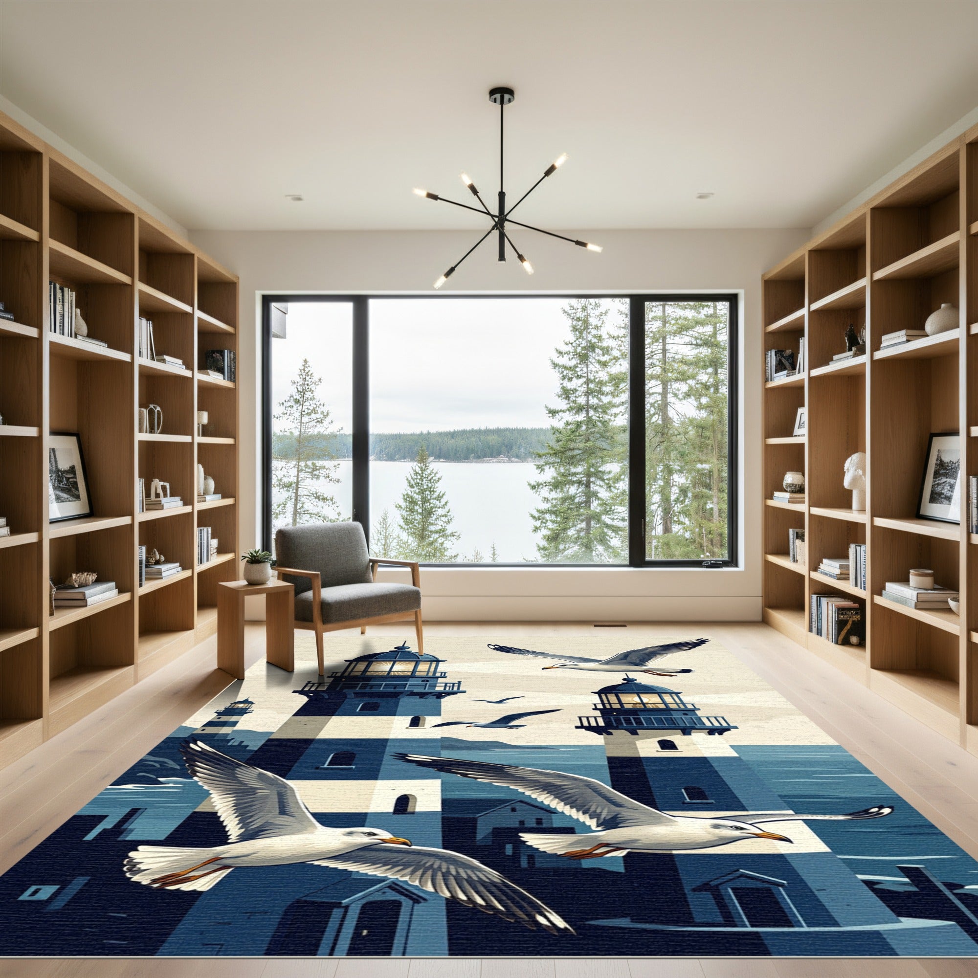Coastal Navy Lighthouse Gulls Scene Rug