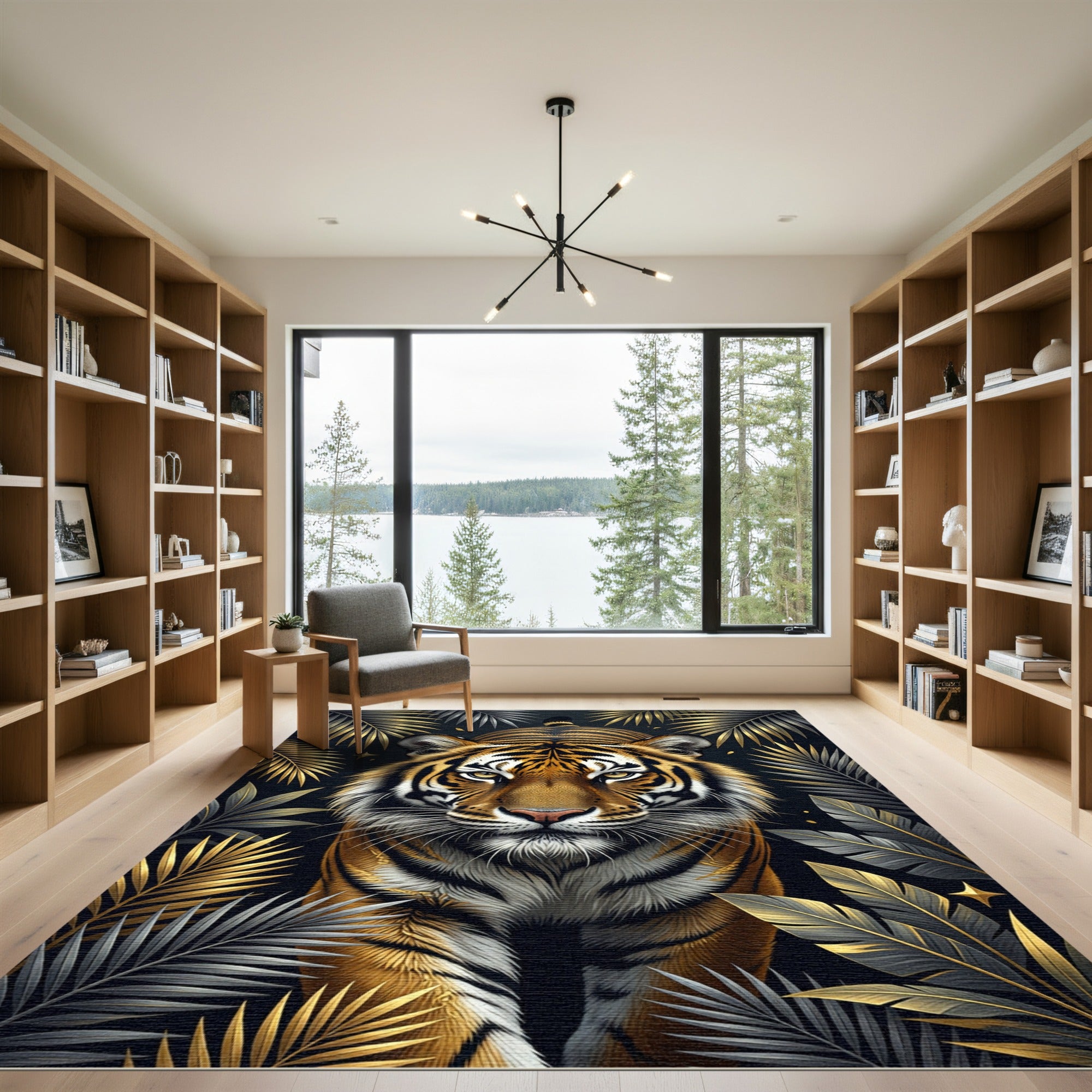 Golden Tiger with Metallic Tropical Leaves Rug