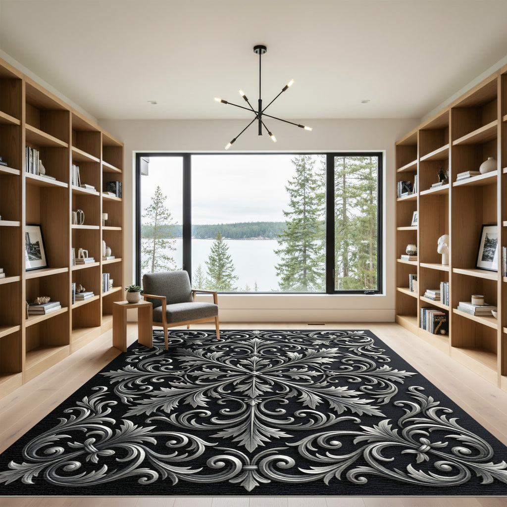 Elegant Silver Baroqe Floral Swirls Rug