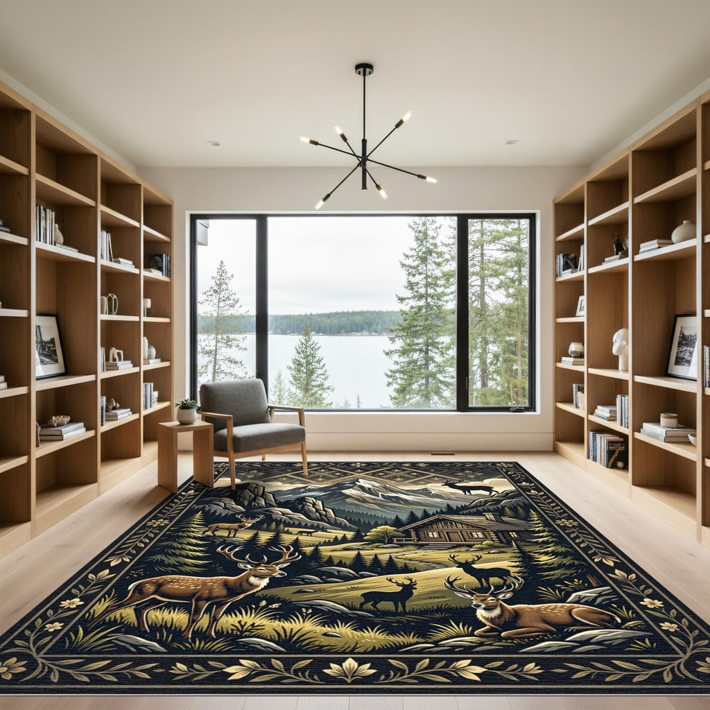 Mountain Wilderness Stag Golden Forest Artwork Rug