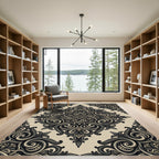 Antique Black Cream Damask Scrollwork Rug
