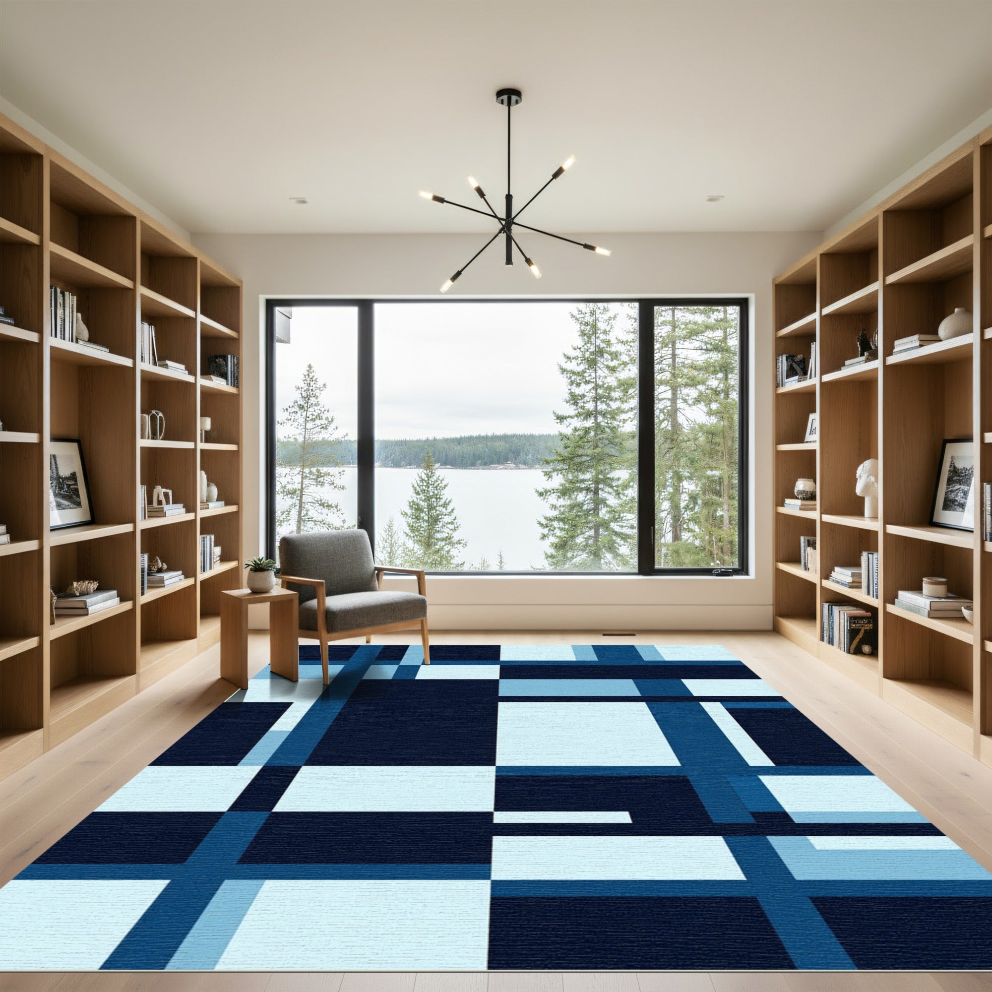 Deep Blue Geometric Composition Rug