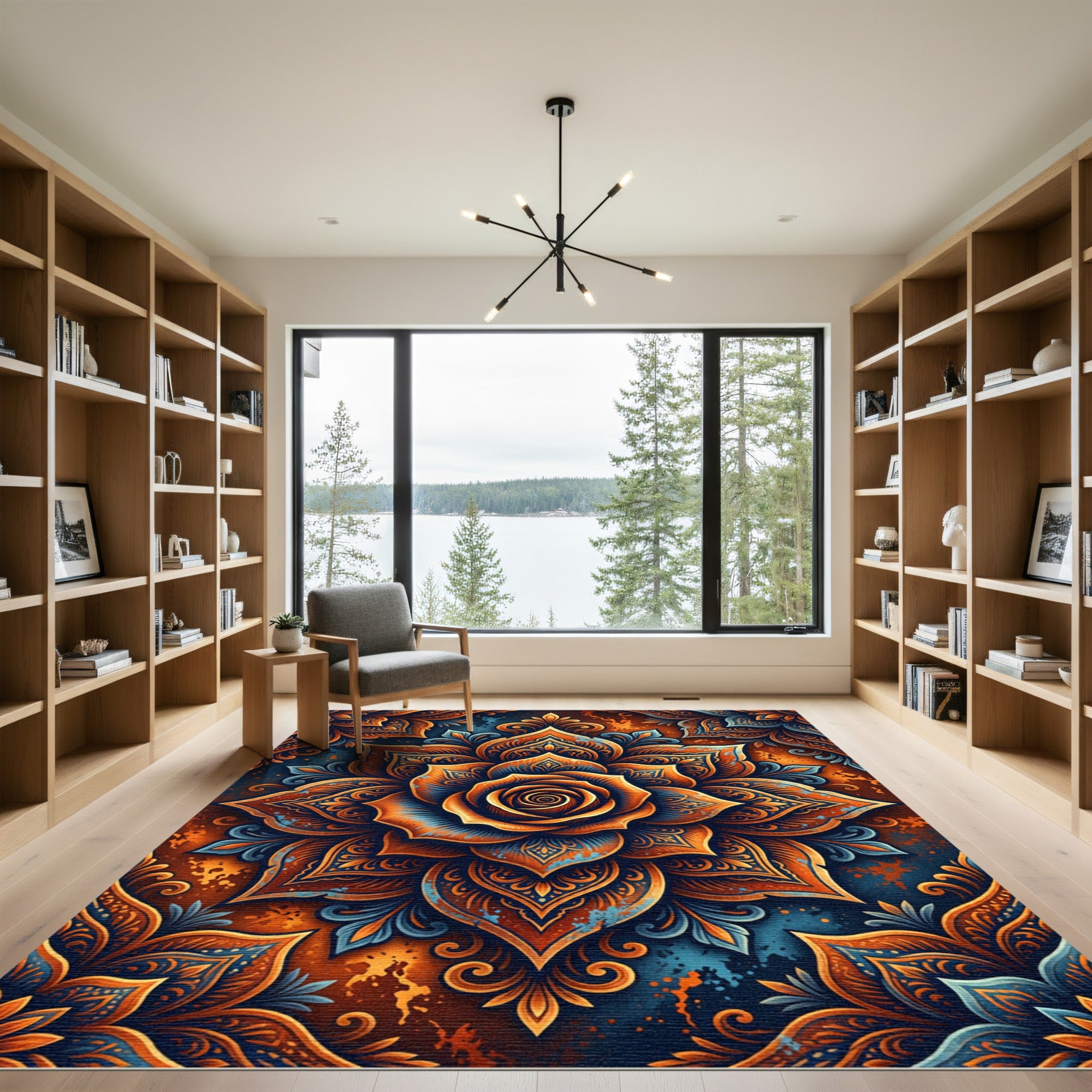 Orange Blue Intricate Floral Mandala Rug