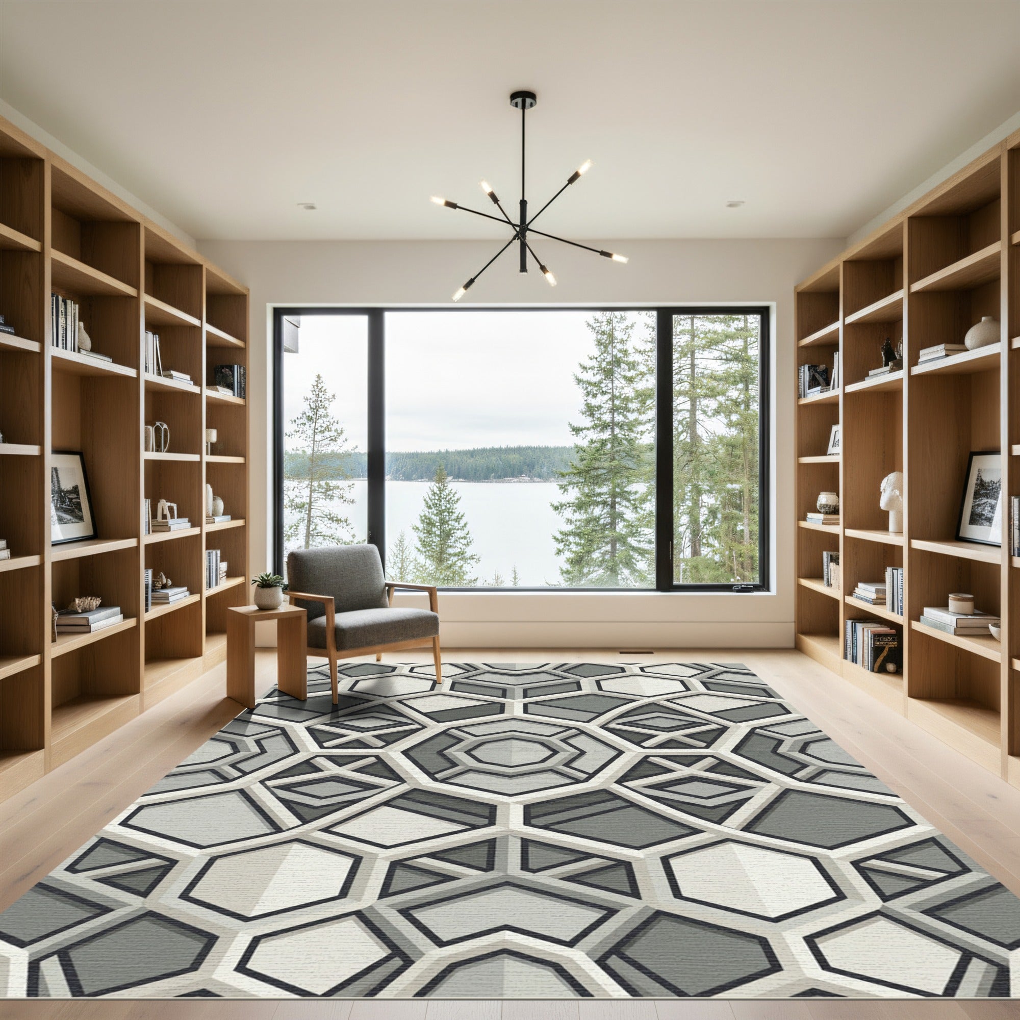Modern Gray Geometric Hexagonal Tile Rug