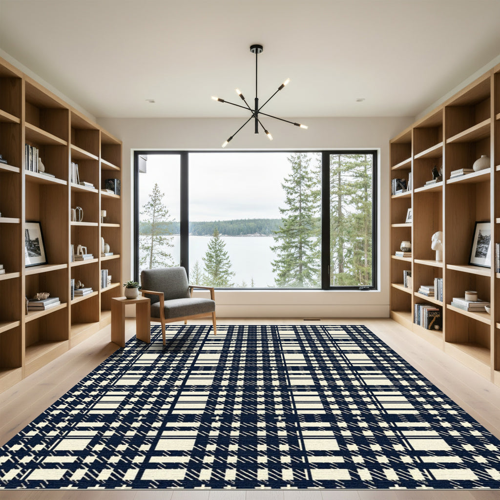 Navy Cream Plaid Tartan Grid Rug