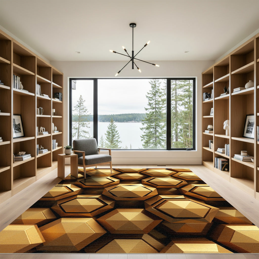 Luxurious Metallic Gold Geometric Hexagon Rug