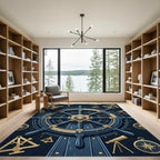 Golden Nautical Compass Wheel Marine Navy Rug