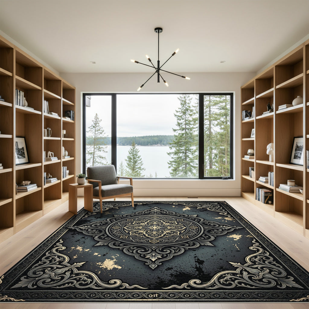 Ornate Charcoal and Champagne Damask Medallion Rug