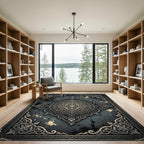 Ornate Charcoal and Champagne Damask Medallion Rug