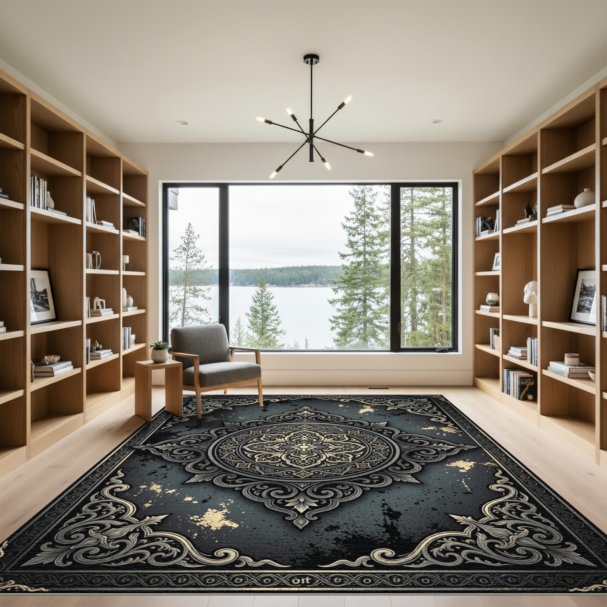 Ornate Charcoal and Champagne Damask Medallion Rug
