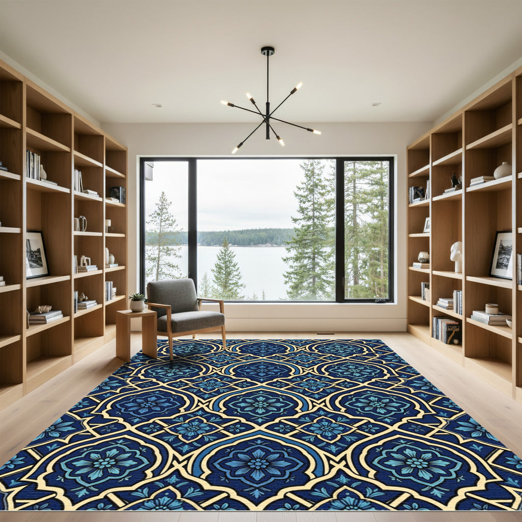 Royal Blue Floral Damask Tile Rug