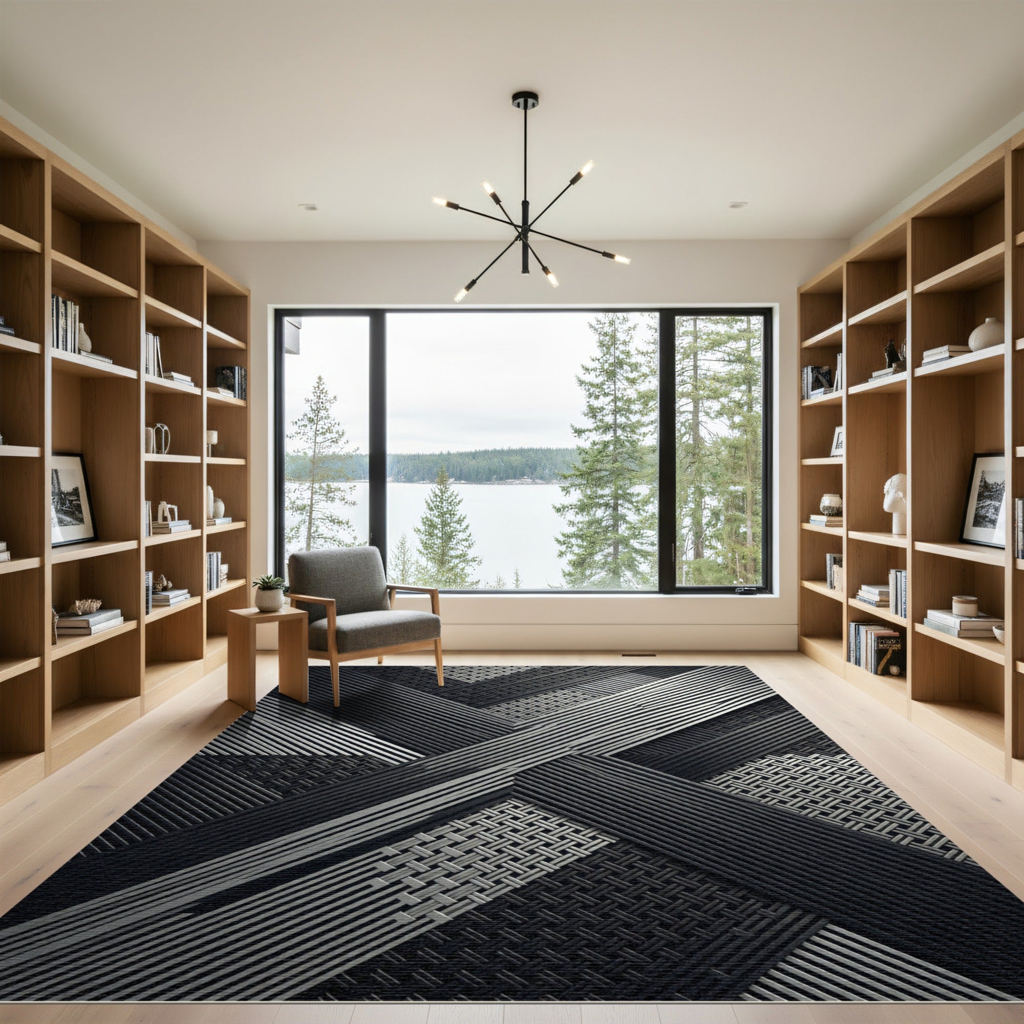 Monochrome Geometric Linear Interwoven Grid Rug