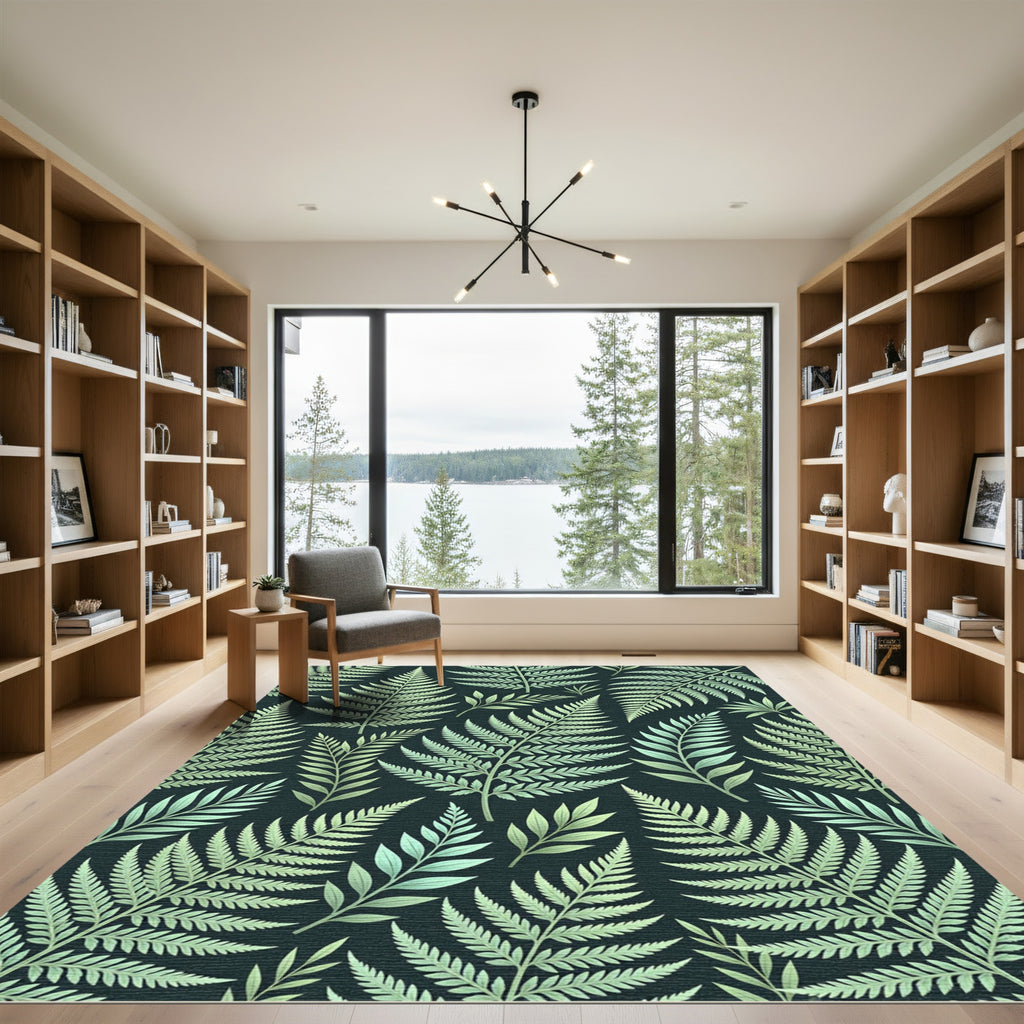 Lush Green Botanical Fern Leaf Art Rug