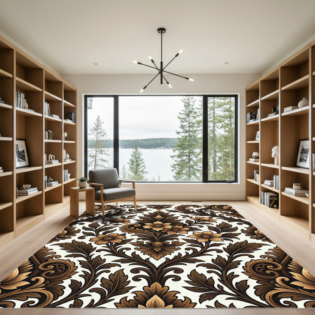 Rich Brown Floral Damask Vines Rug