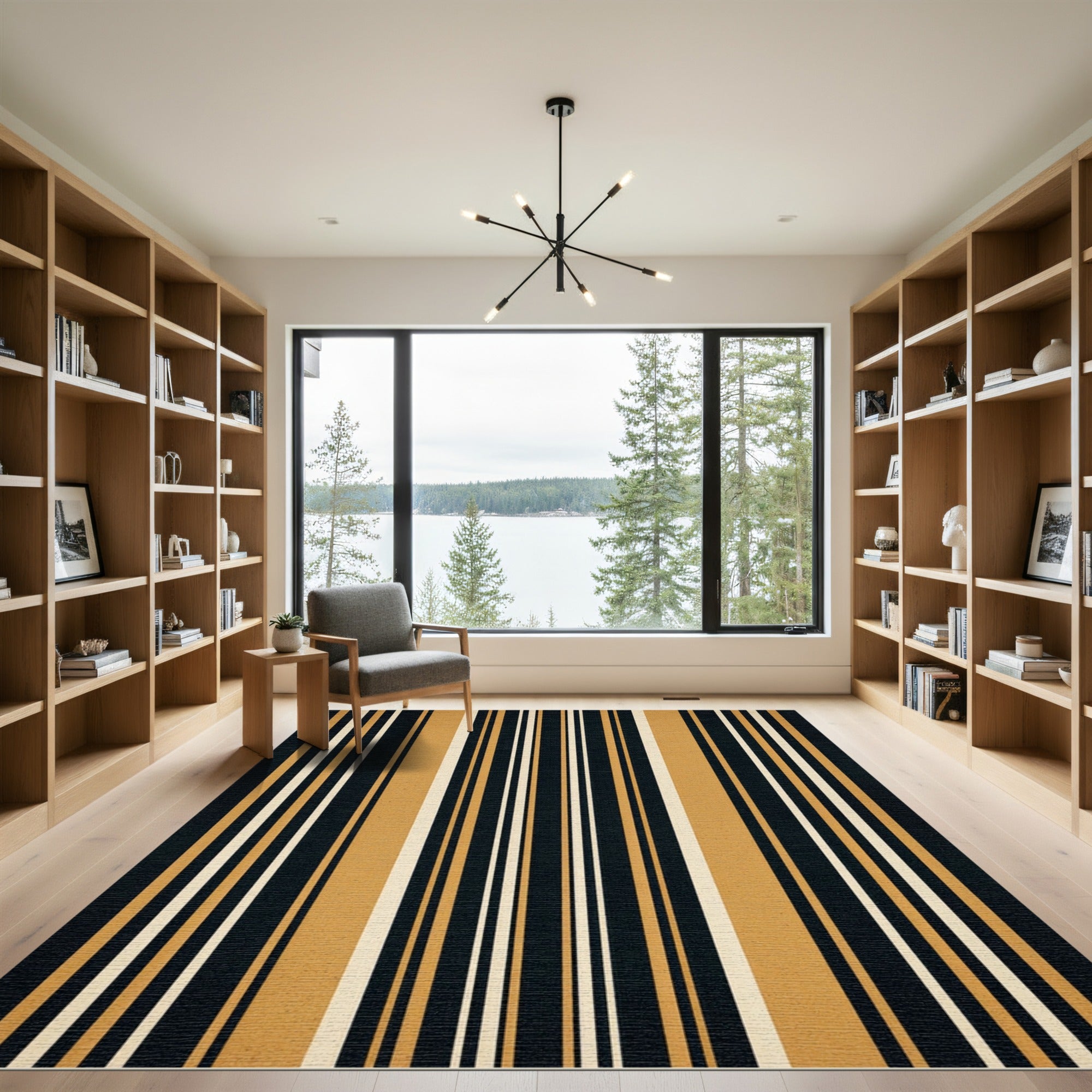 Bold Black Gold White Striped Rug