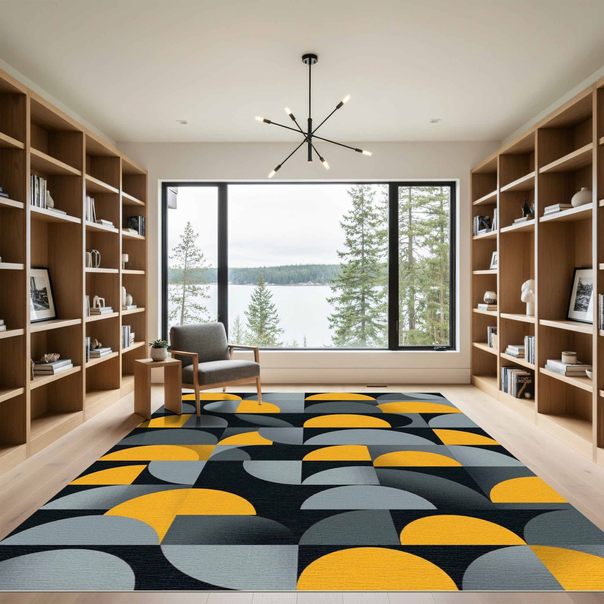 Modern Yellow Gray Geometric Semicircles Rug