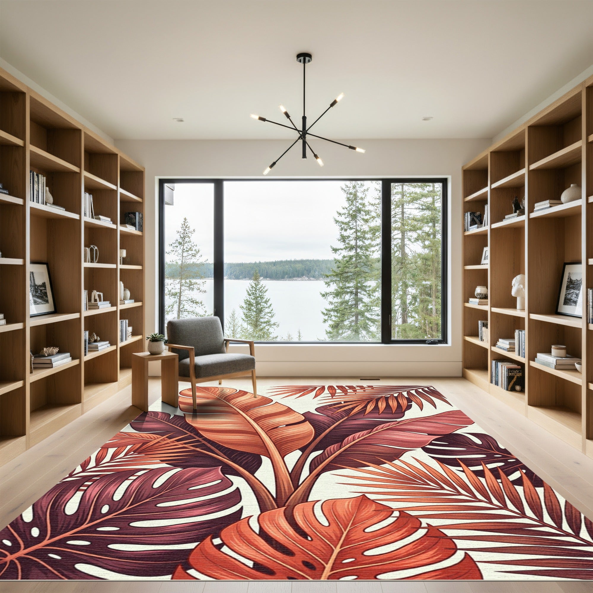 Rich Coral Tropical Fern Montera Leaves Rug