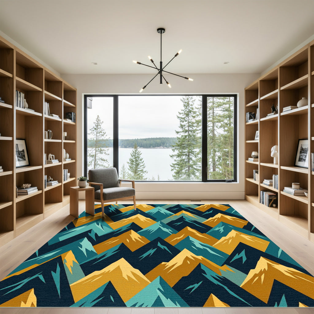 Geometric Teal Gold Mountain Peaks Rug