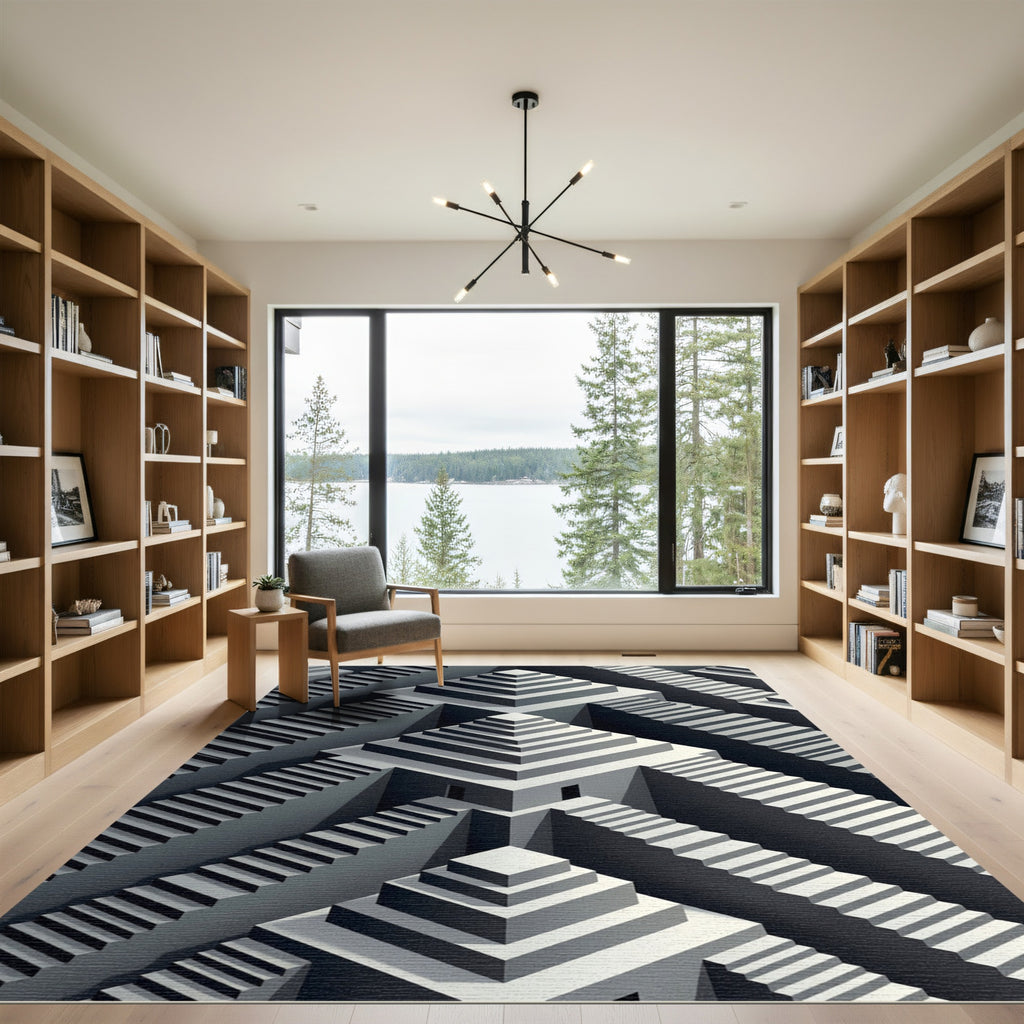 Monochromatic Escher Style Staircase Maze Rug
