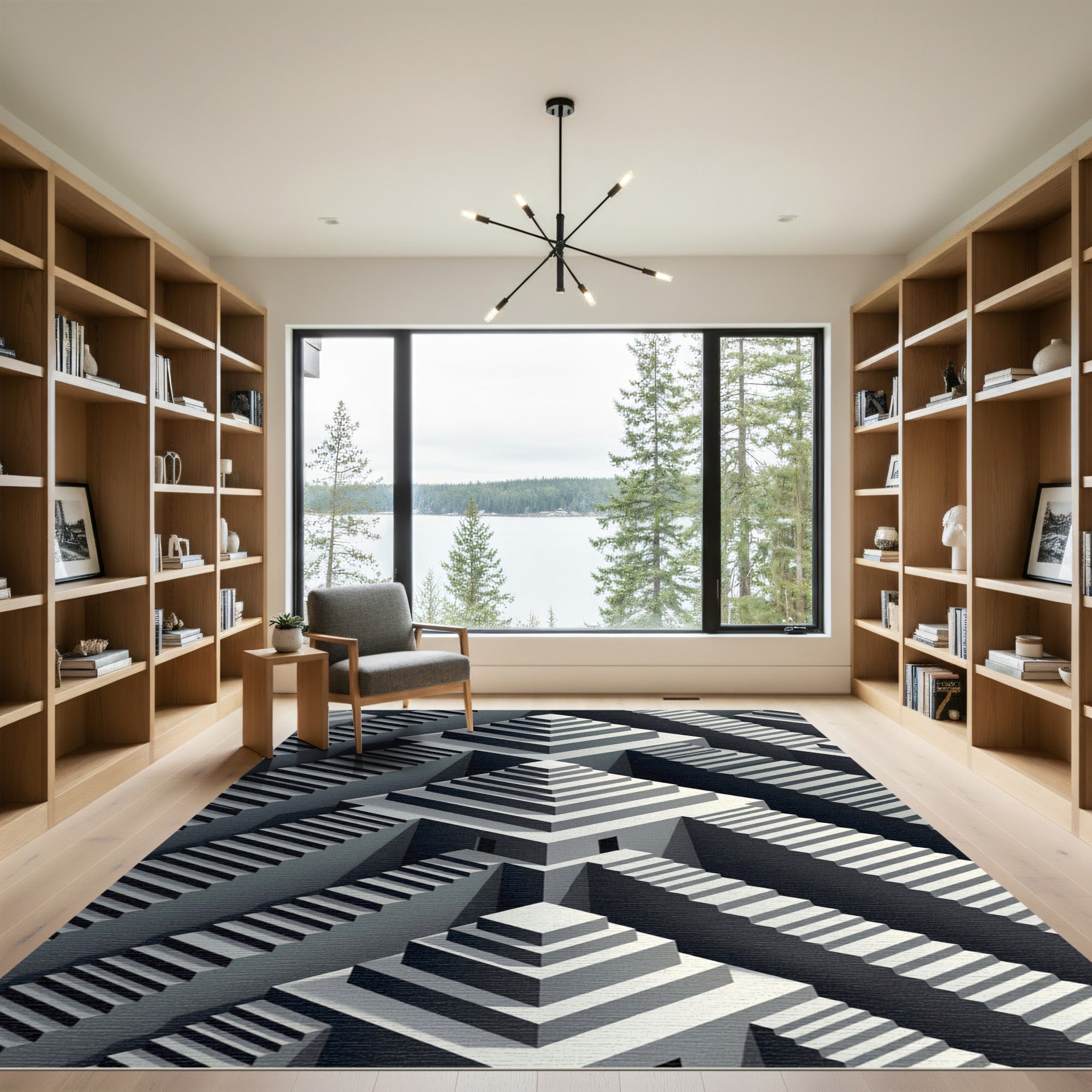 Monochromatic Escher Style Staircase Maze Rug