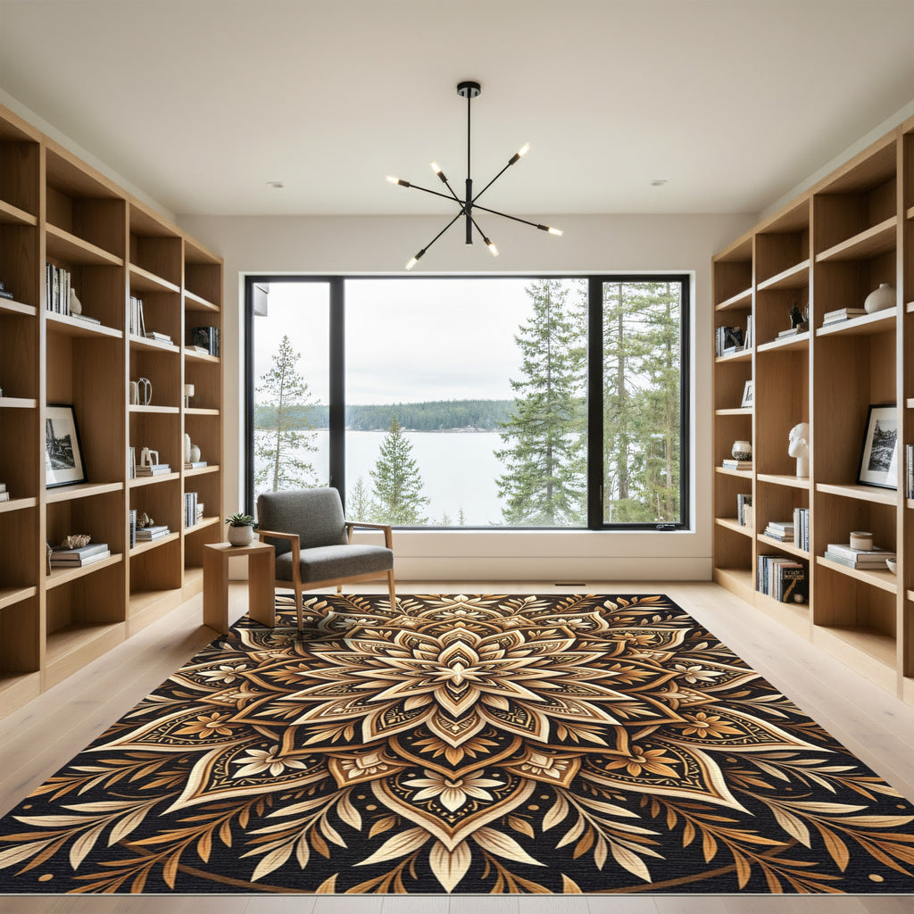 Golden Floral Mandala Medallion Rug