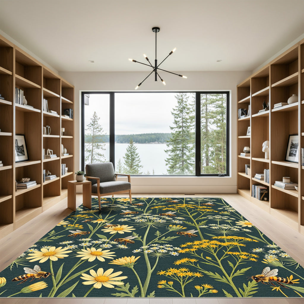 Honey Bee Garden Meadow Dark Teal Rug