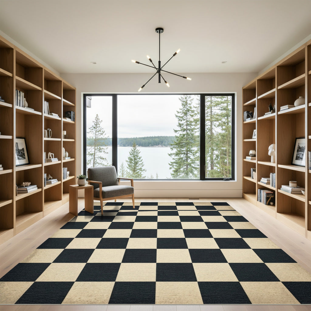Distressed Monochrome Checkered Grid Minimalist Rug