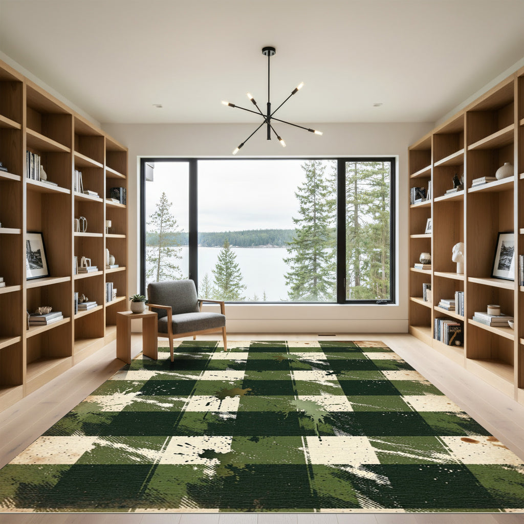 Distressed Green Gingham Splatter Rug