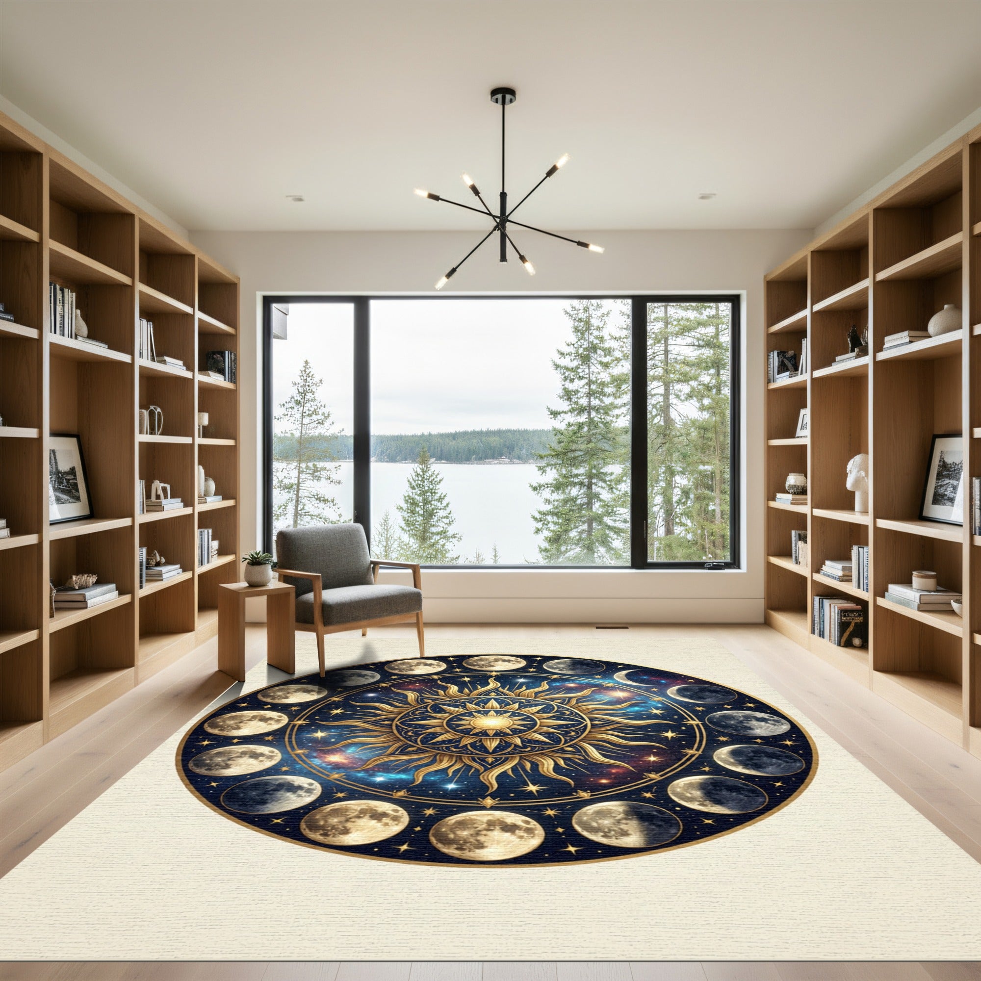 Celestial Gold Sun Lunar Phase Art Rug