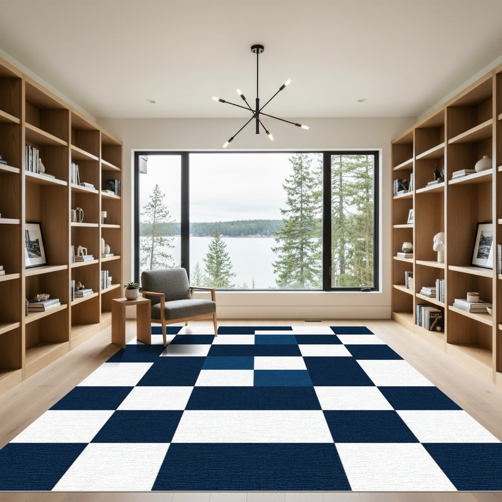 Navy White Tile Checkerboard Rug