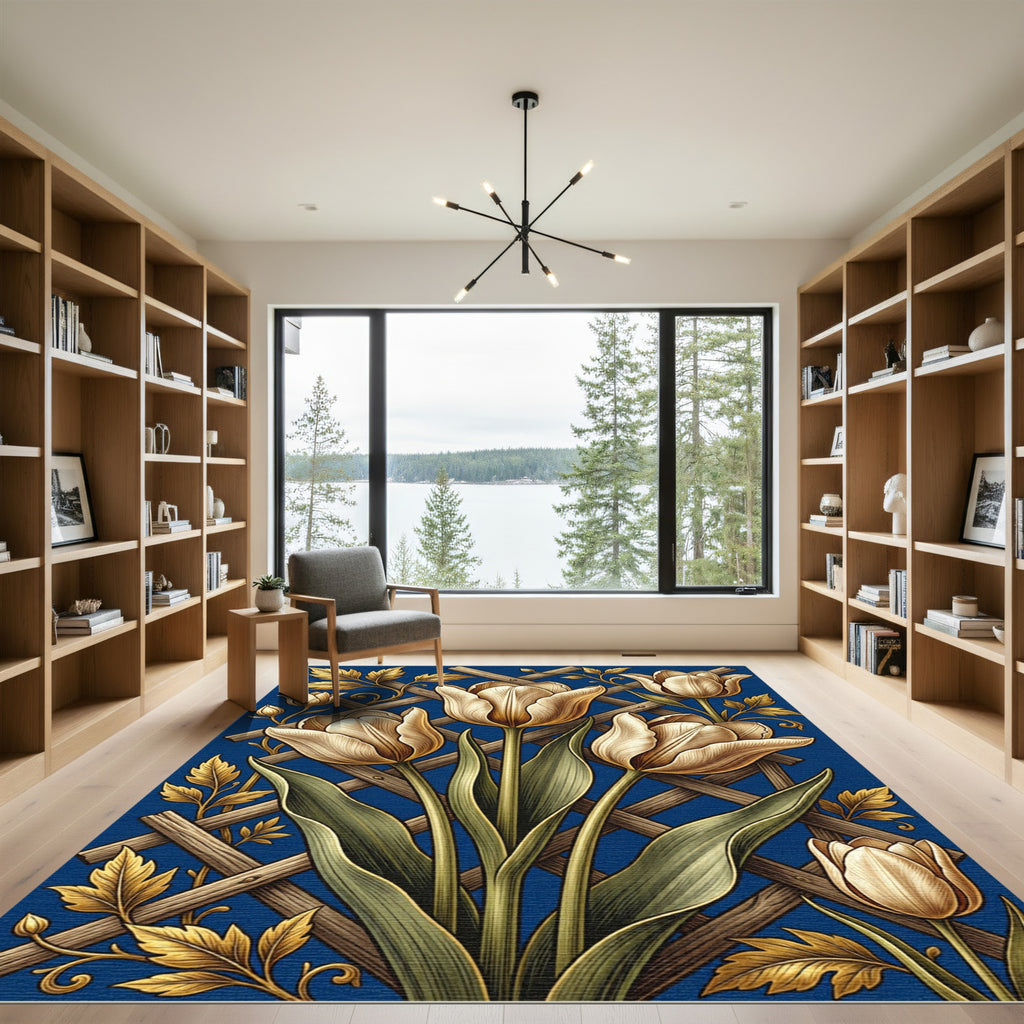Elegant Golden Tulip Trellis Blue Floral Rug